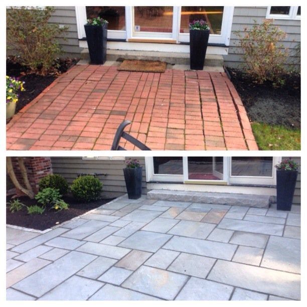 Before-and-after patio resurfacing: red brick pavers replaced with large gray stone pavers.