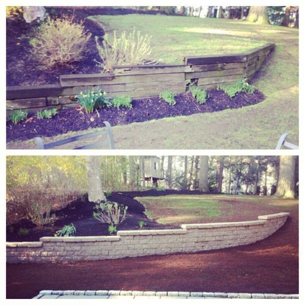 Before-and-after view of a raised wooden garden bed, one overgrown and one rebuilt with stone siding.