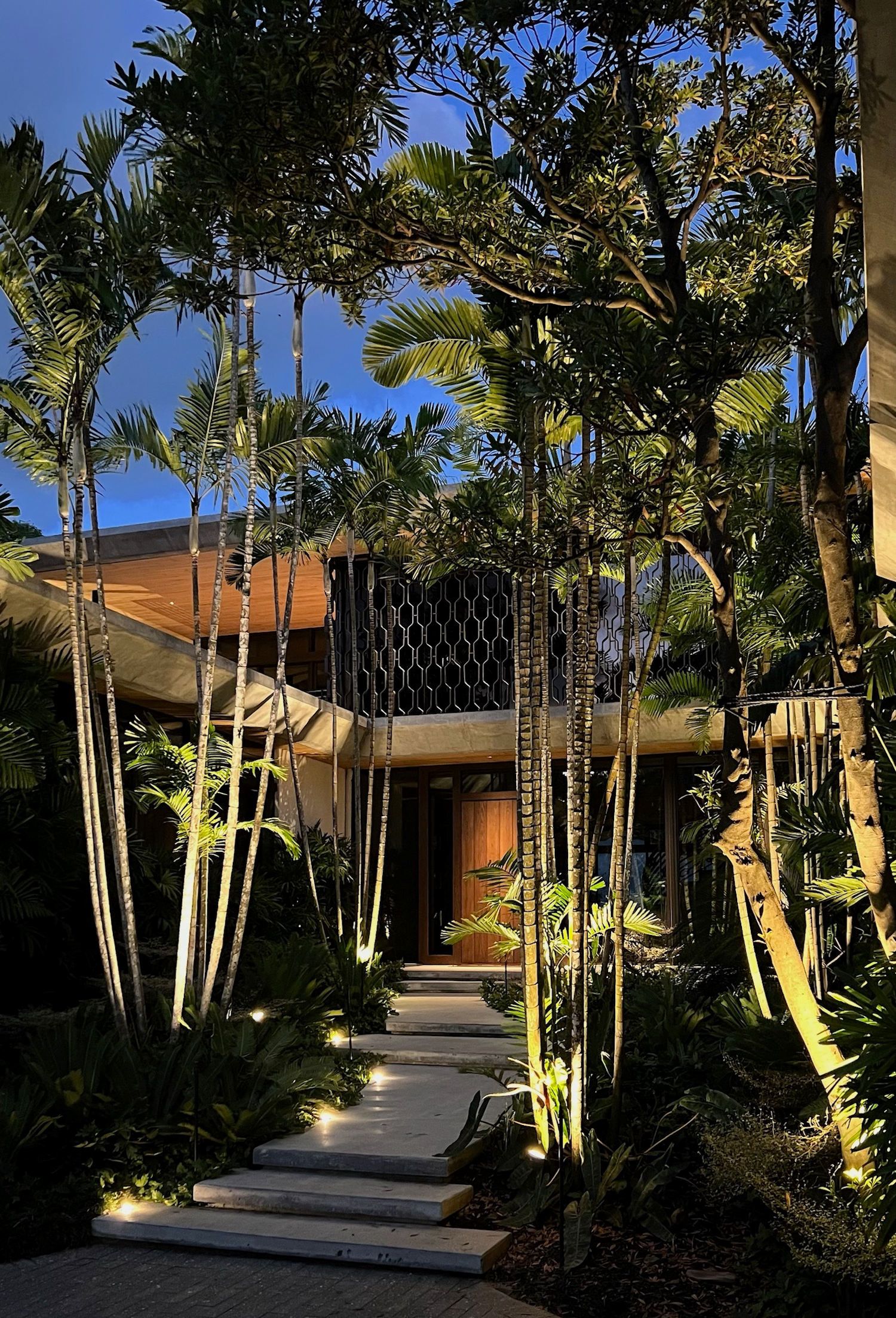 Illuminated stone steps lead through a lush garden toward the entrance of a modern home at dusk.