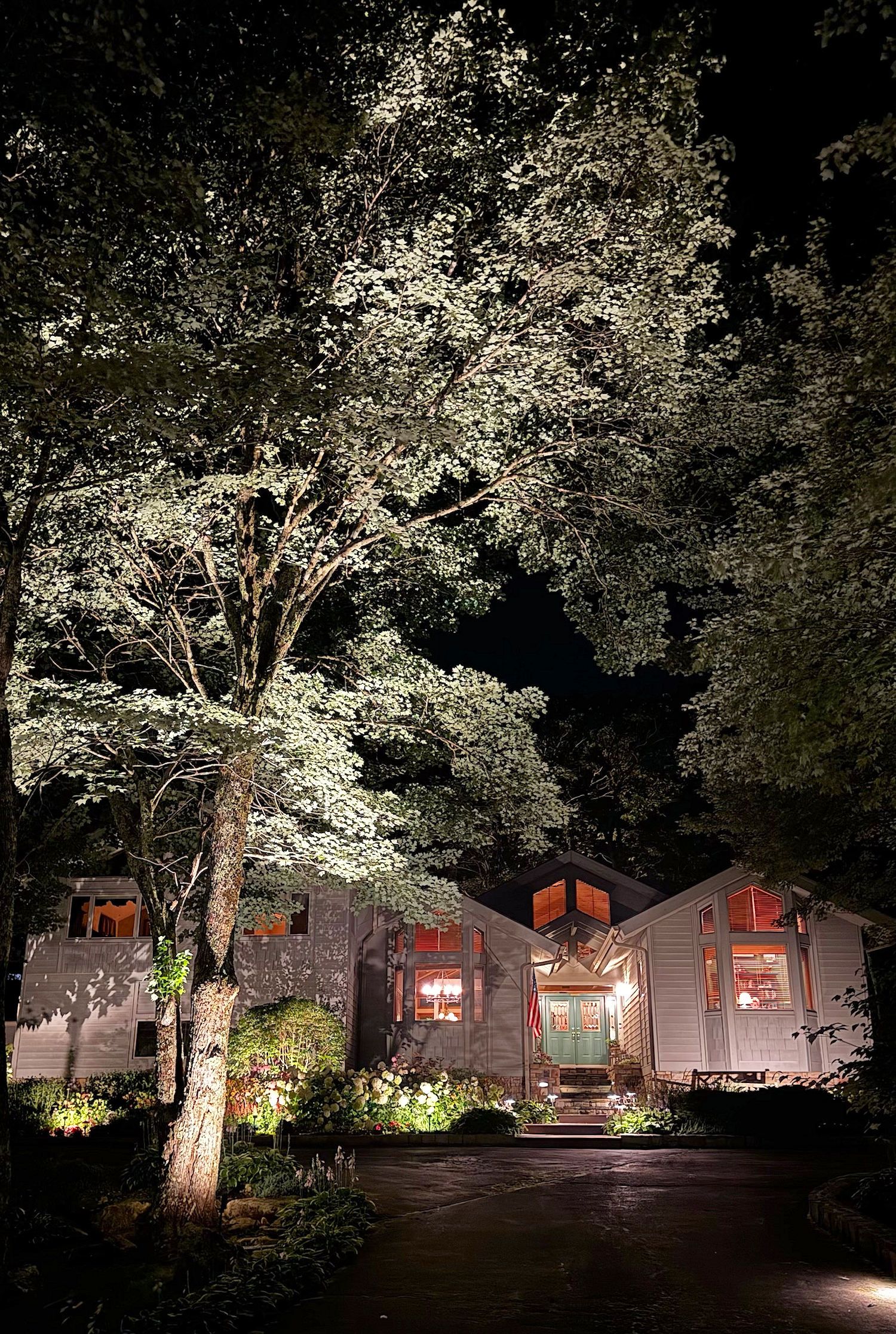 A white, single-story house illuminated at night, framed by large, spotlighted trees and a dark, paved foreground.