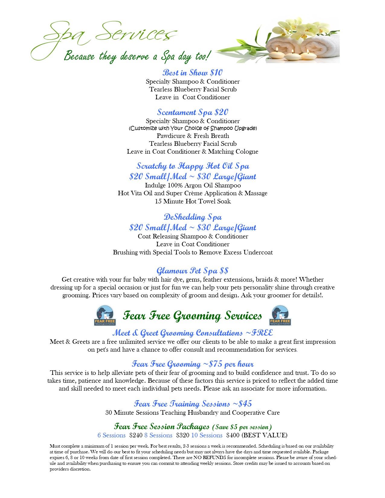 Spa services rates