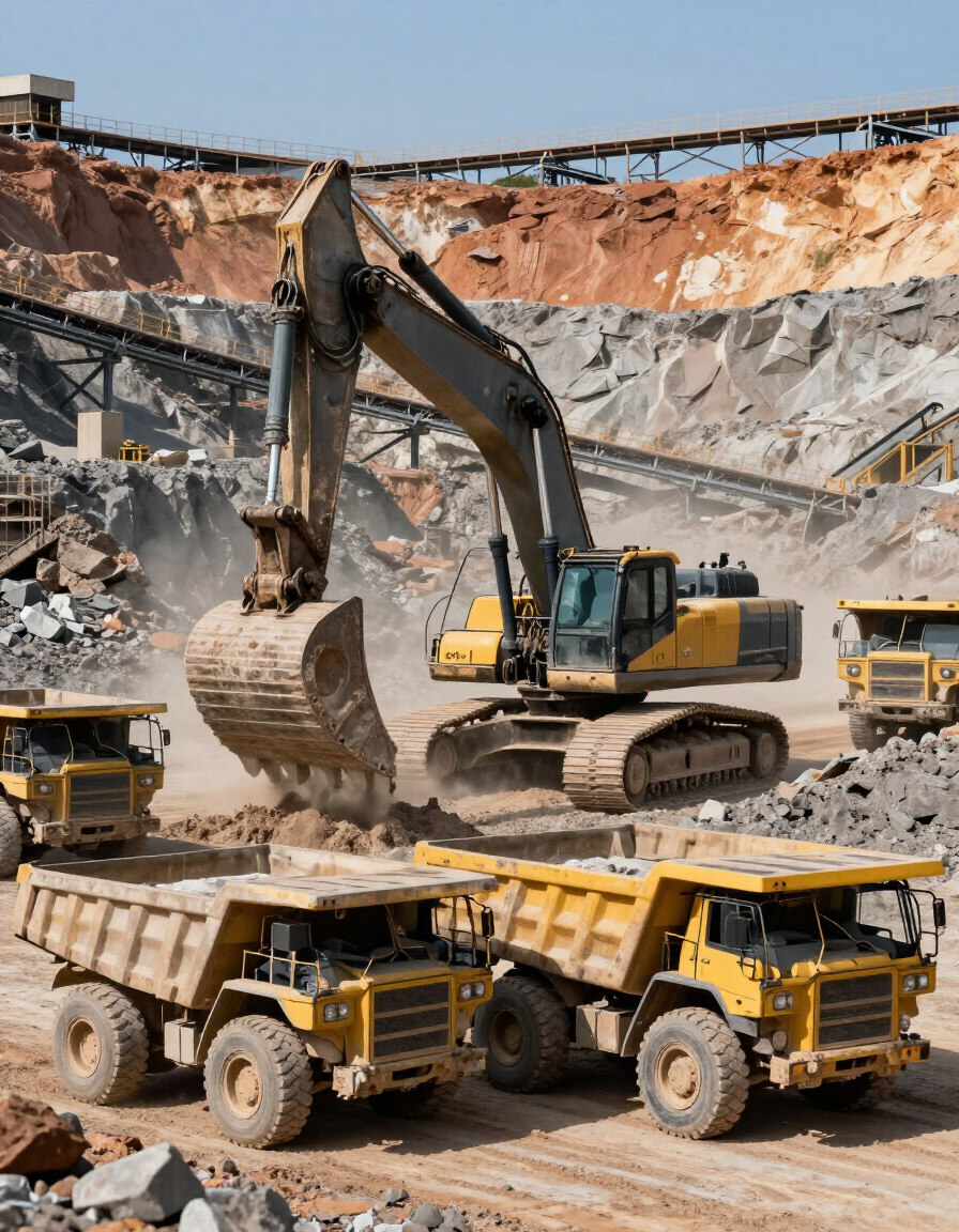 Excavadora y camiones mineros en una mina a cielo abierto, infraestructura industrial