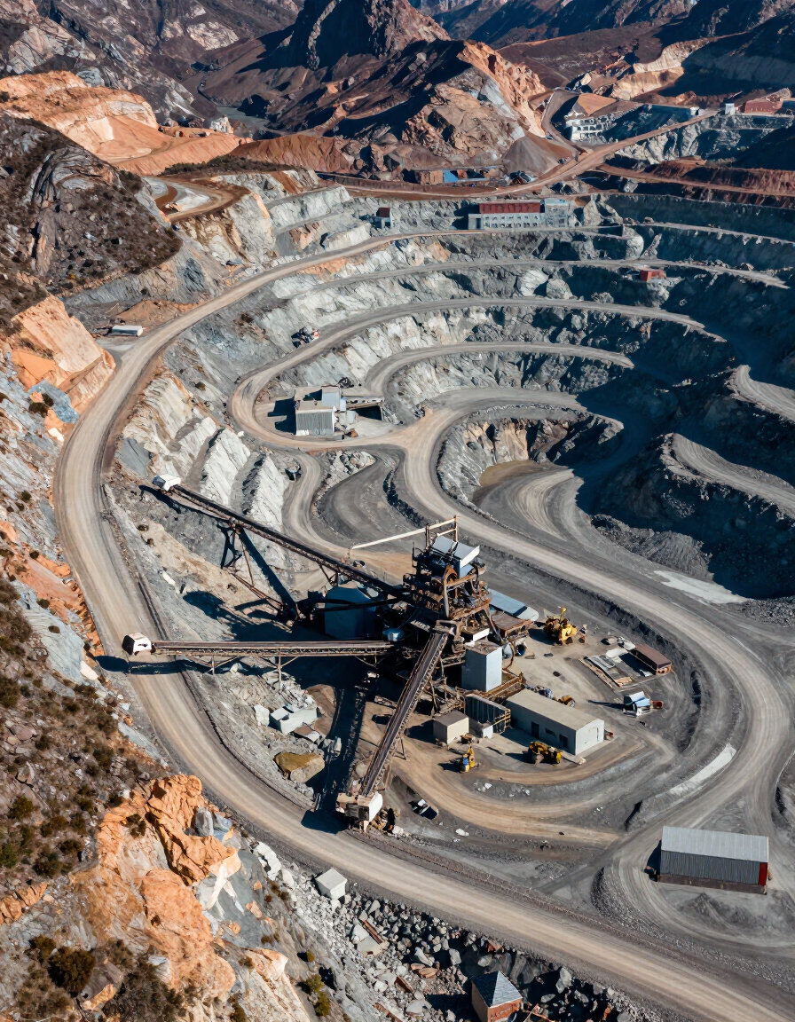 Vista aérea de infraestructura minera industrial y caminos en terreno montañoso