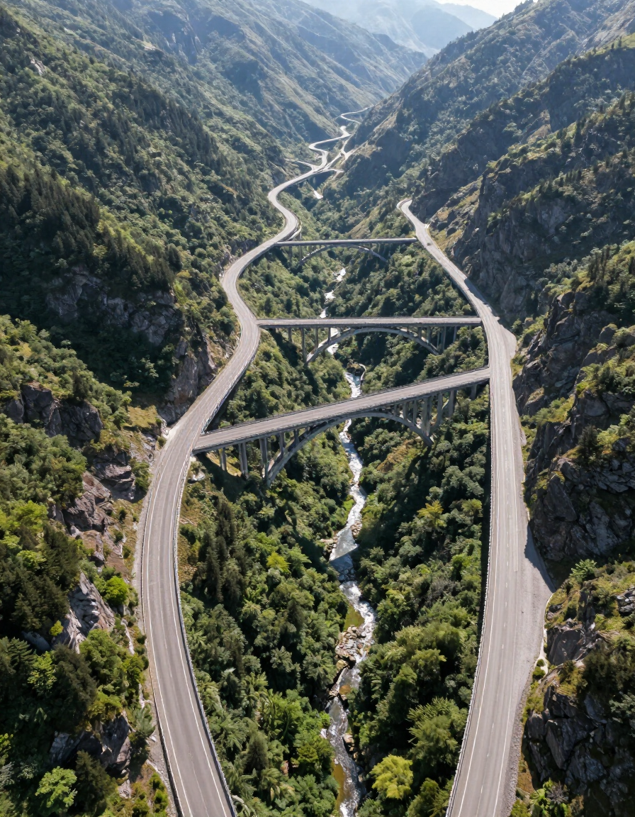 Puente y red de caminos conectando territorios montañosos, vista aérea