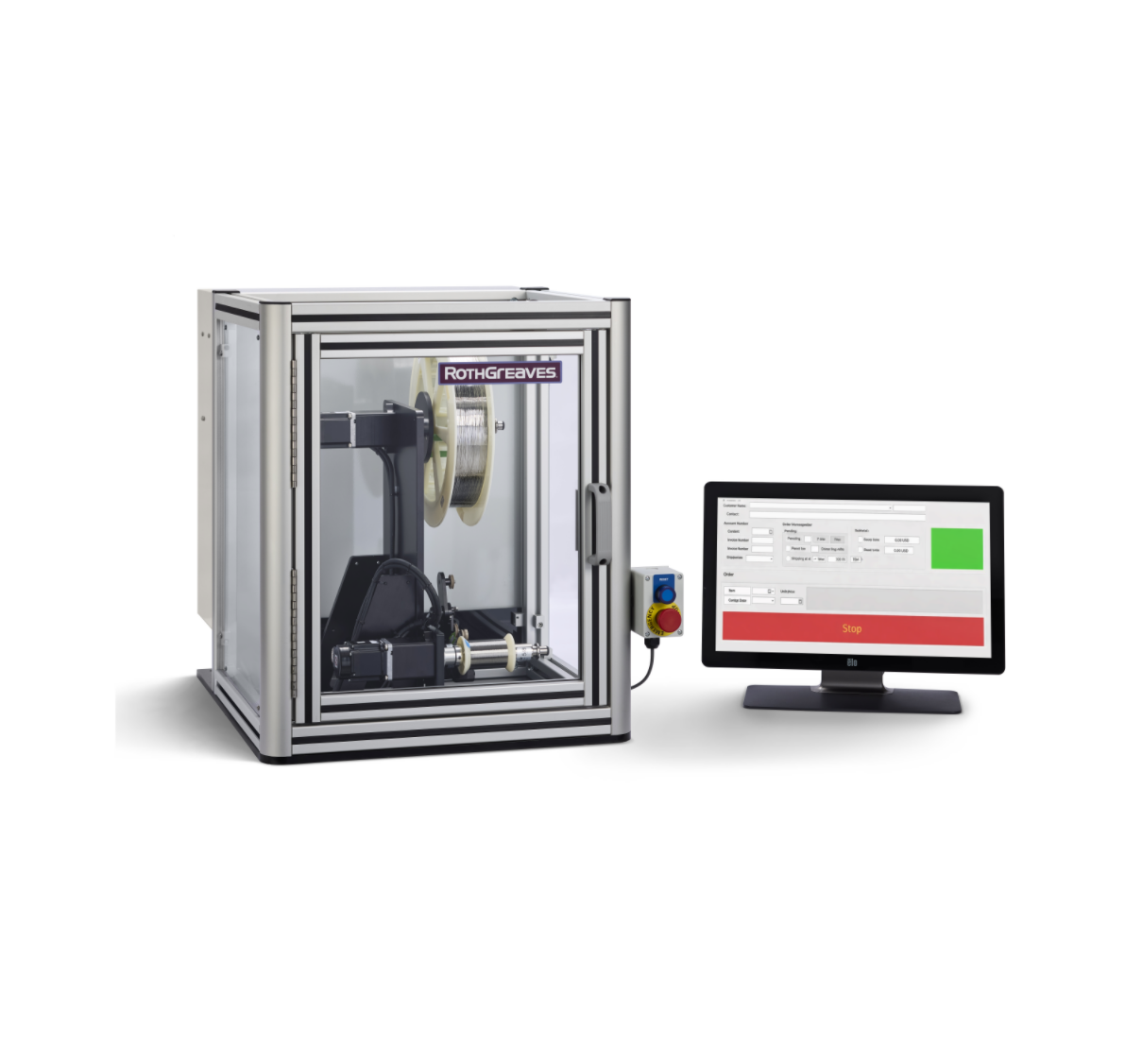 Industrial testing machine beside a desktop monitor on a white background