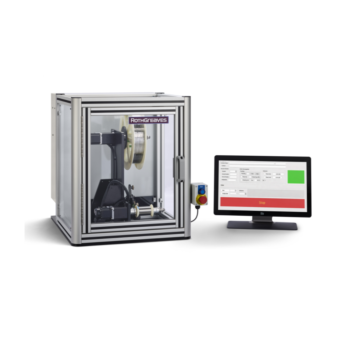 Industrial test machine with control monitor and red-yellow-blue control panel on a white background