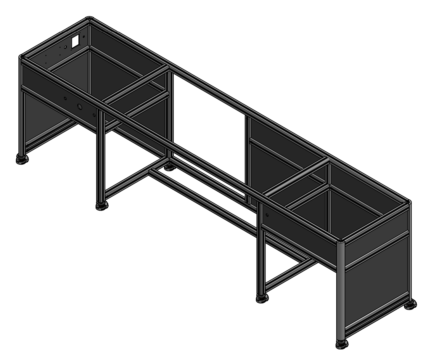 Black metal industrial workbench with three sink-like basins and a central frame on legs