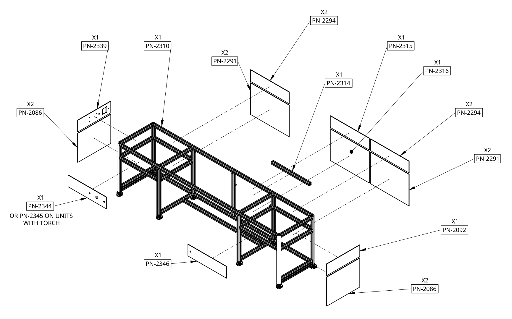 Black metal industrial workbench with three sink-like basins and a central frame on legs
