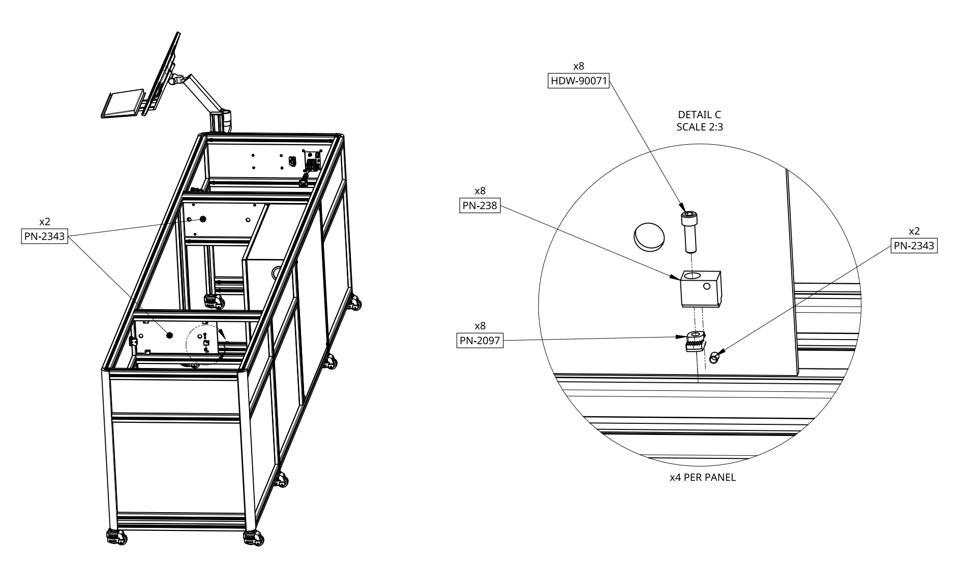 Industrial conveyor system with a control box and monitor on a white background