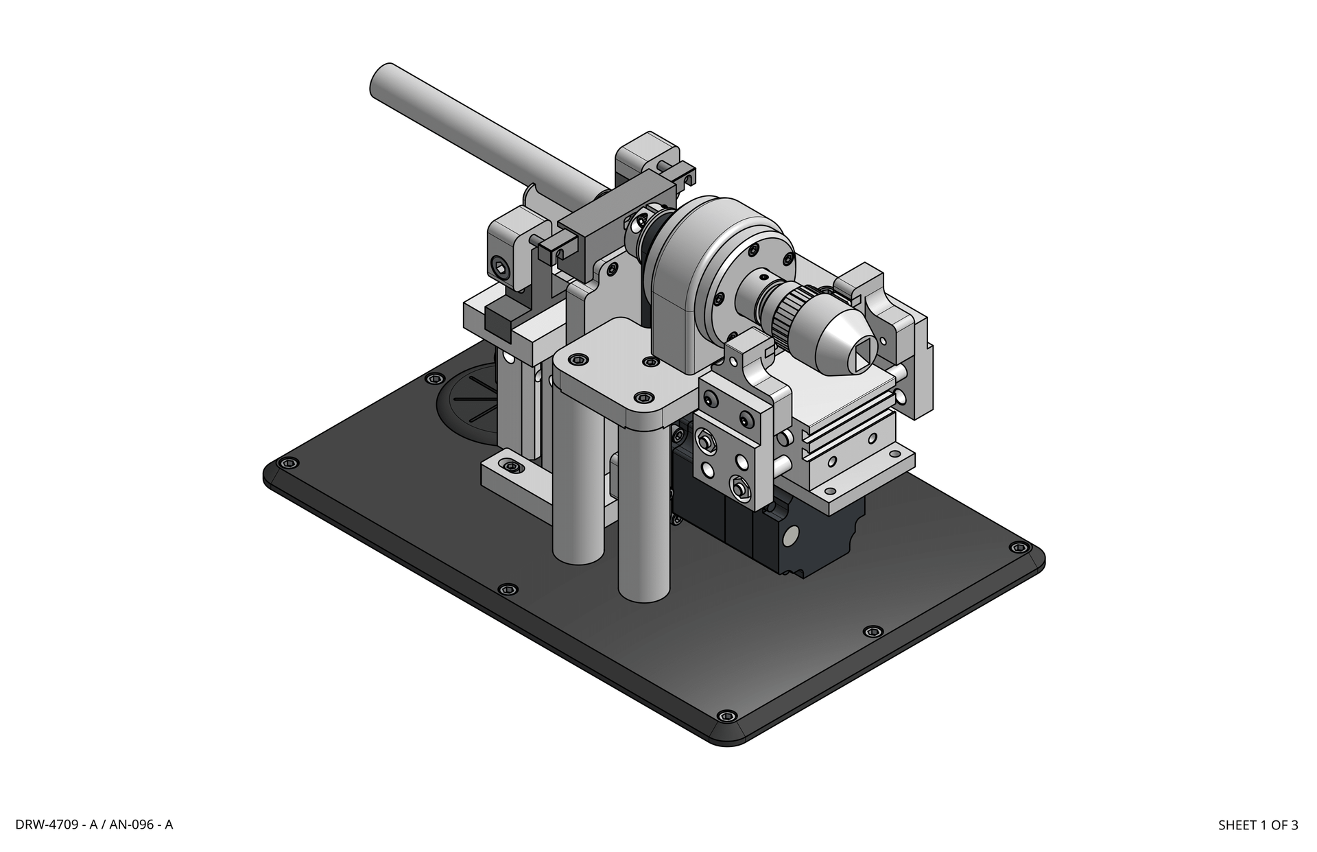 3D CAD model of a mechanical assembly on a black base plate with a long angled tube and motorized components