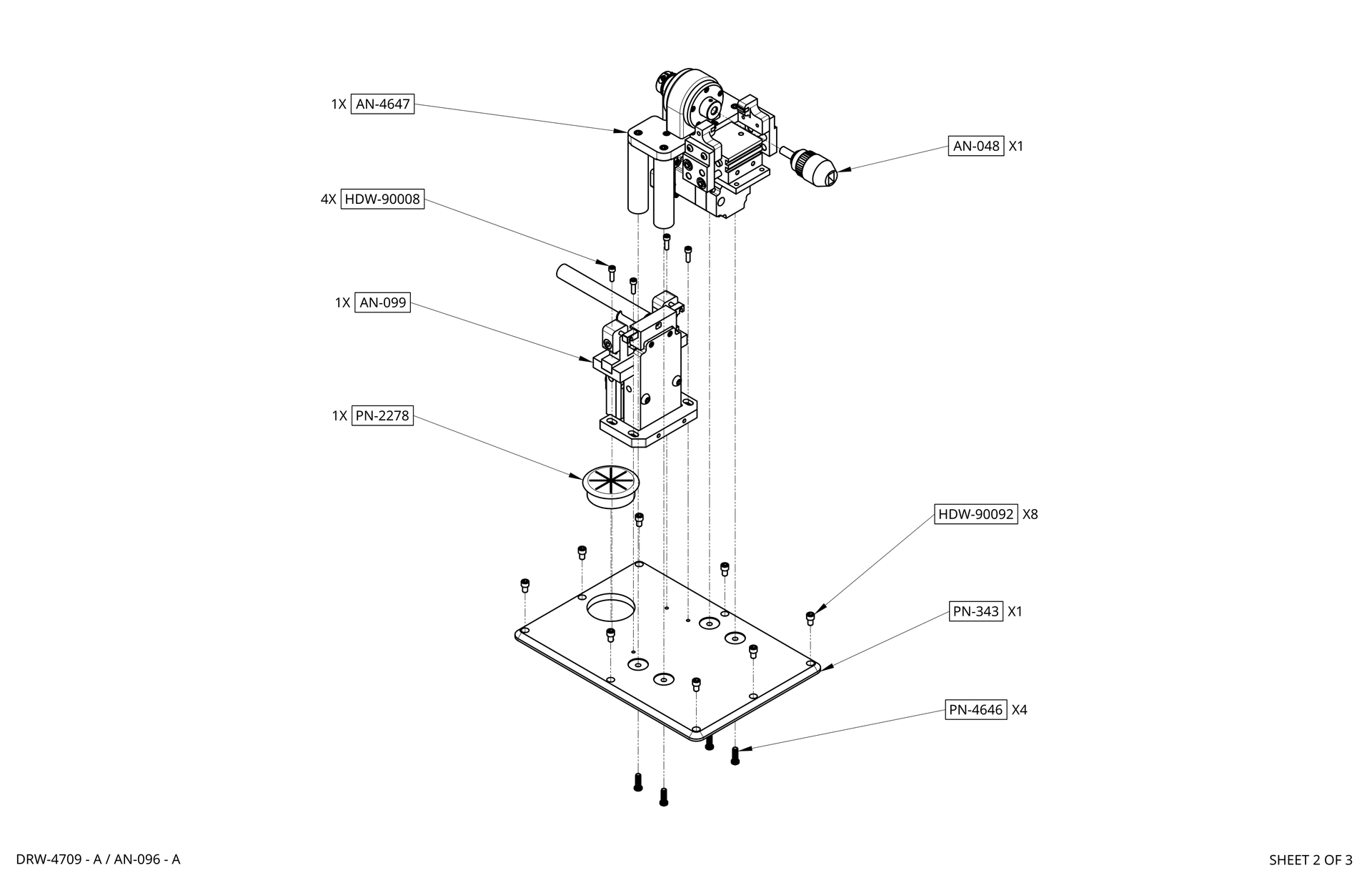3D CAD model of a mechanical assembly on a black base plate with a long angled tube and motorized components