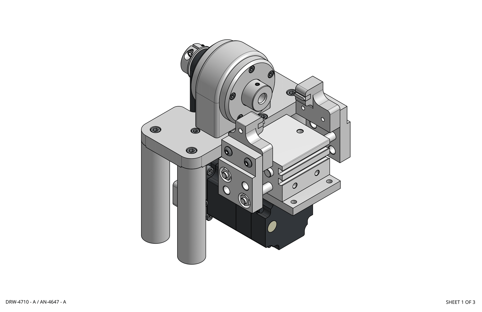 3D CAD model of a metal mechanical assembly with motor, brackets, and cylindrical posts