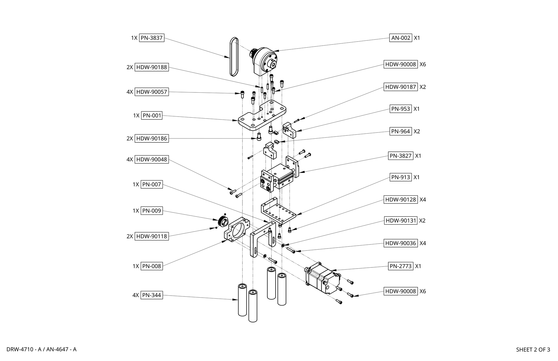 3D CAD model of a metal mechanical assembly with motor, brackets, and cylindrical posts