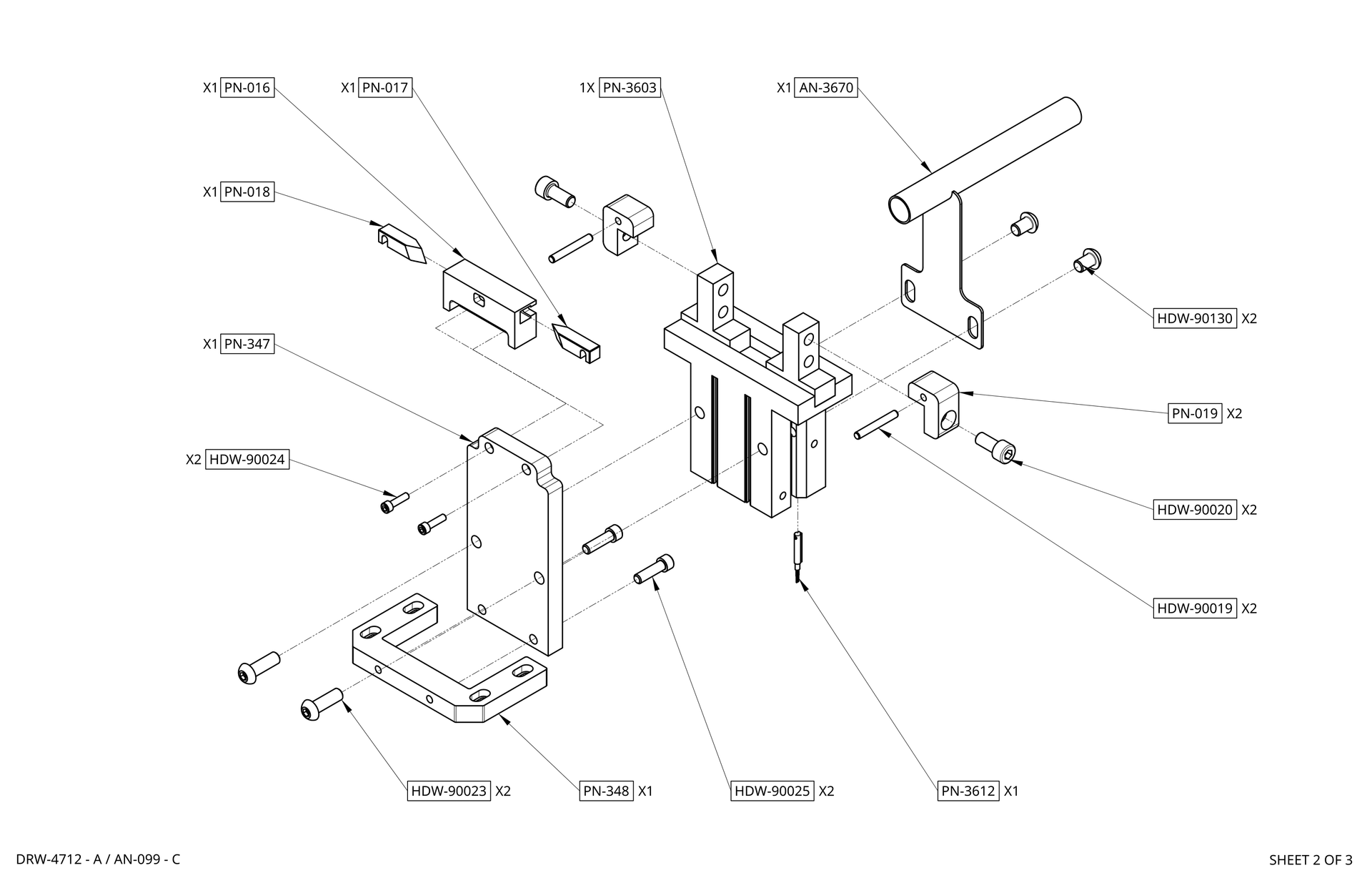 3D CAD rendering of a gray mechanical clamp fixture with a horizontal handle on a white background
