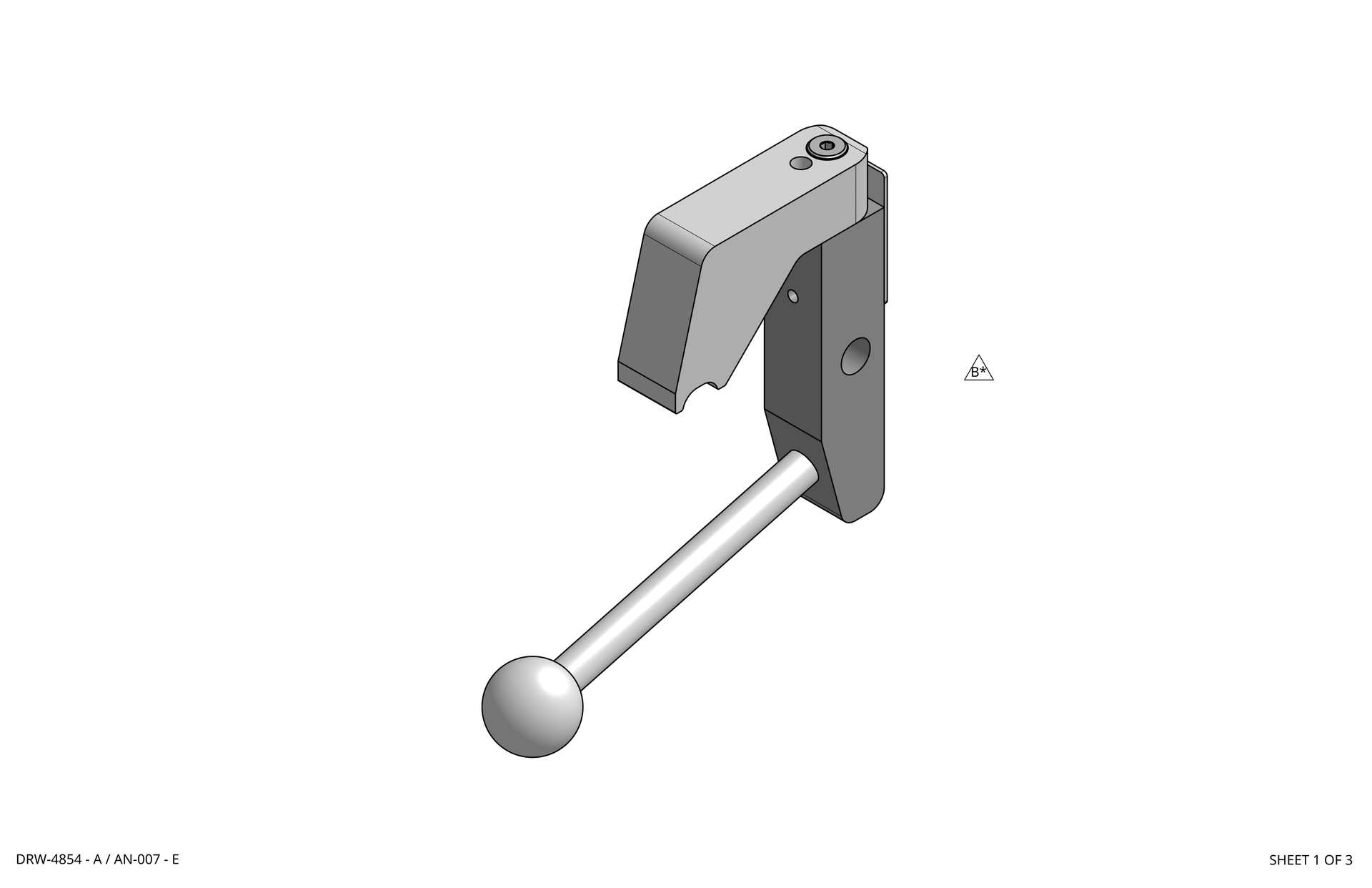 3D render of a gray mechanical lever switch with a ball-ended handle on white background rothgreaves coil winder parts