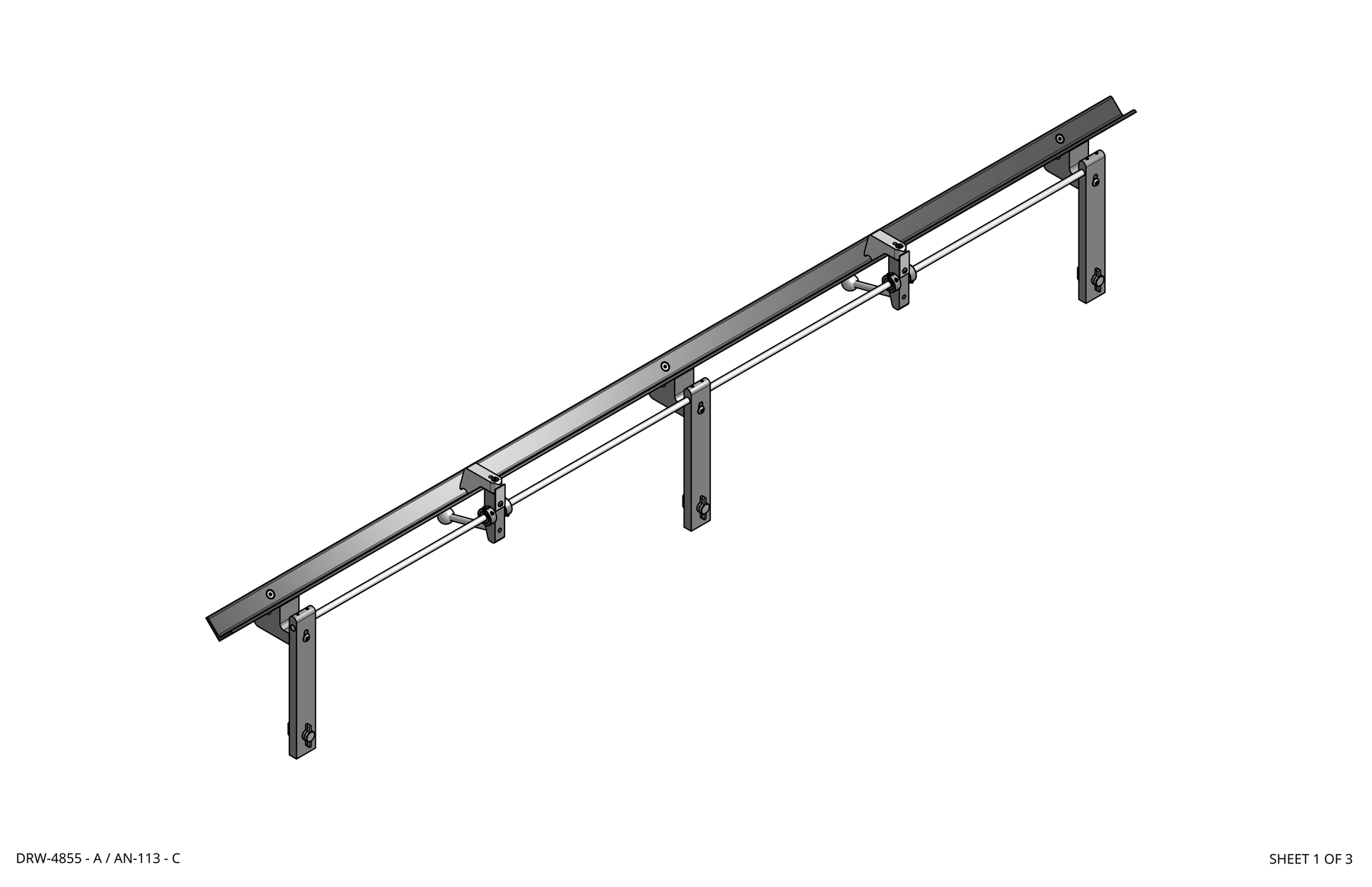 Black ceiling-mounted rail with three adjustable spotlight fixtures on brackets