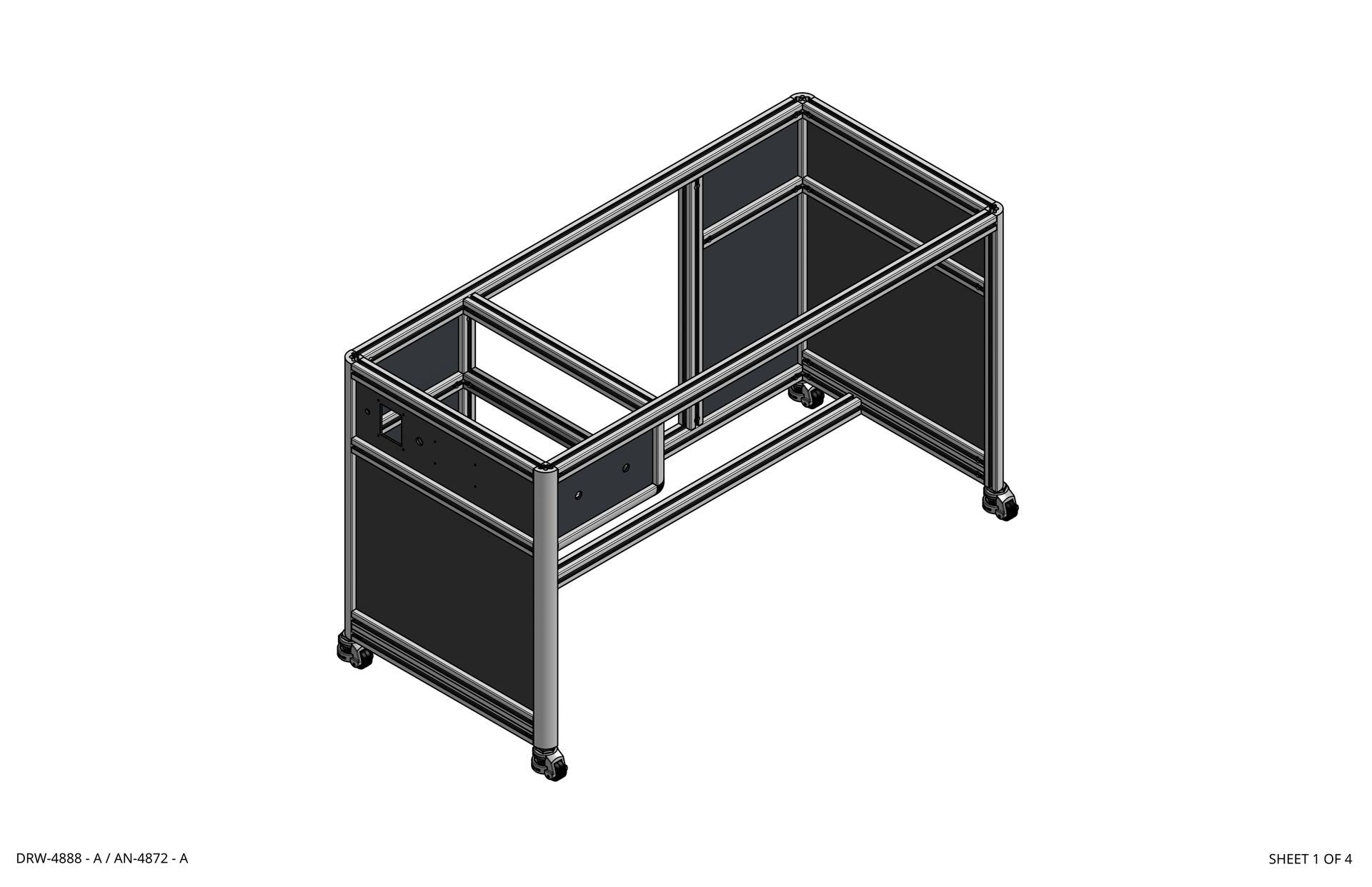 Technical drawing of a black metal workbench on casters with shelving and side panels rothgreaves coil winder parts