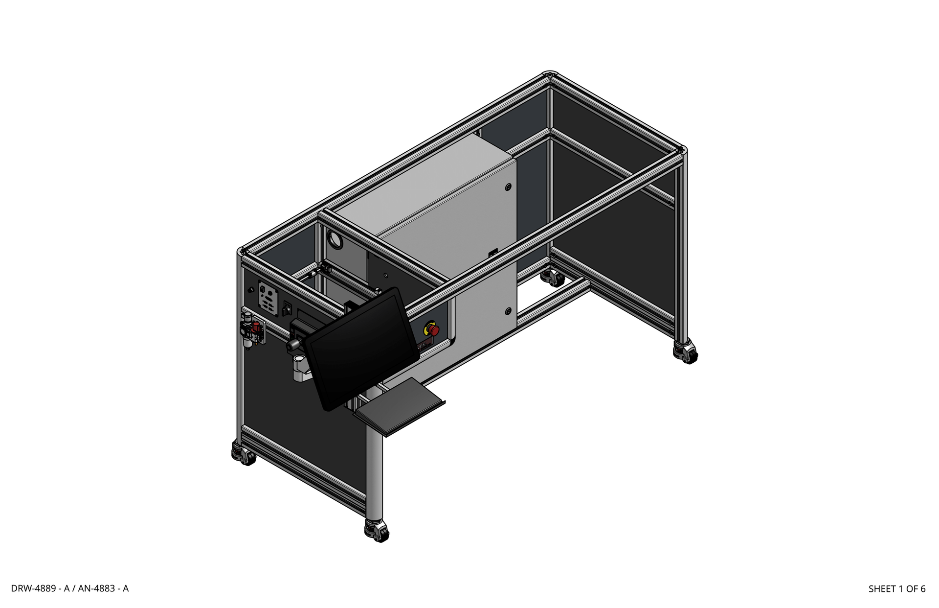 3D rendering of a gray metal machine frame with black panels and wheels on a white background rothgreaves coil winder parts