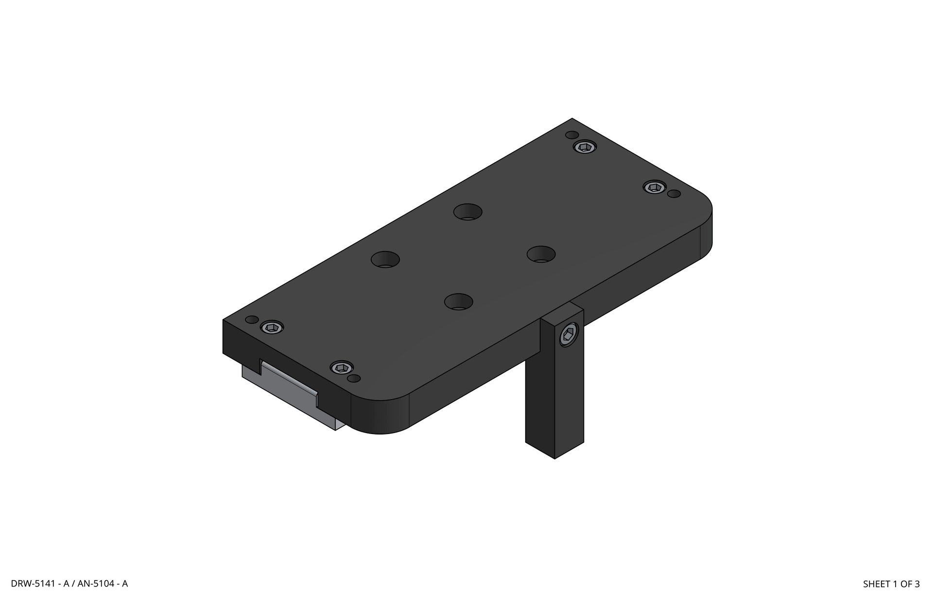 Black rectangular mounting bracket with multiple holes and a vertical support leg on a white background rothgreaves coil winder parts