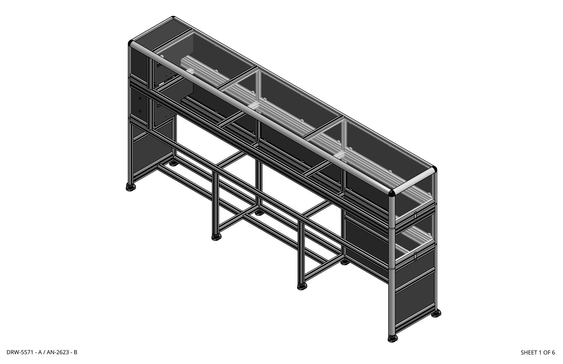 Isometric CAD rendering of a long metal shelving rack with multiple compartments and support legs rothgreaves coil winder parts