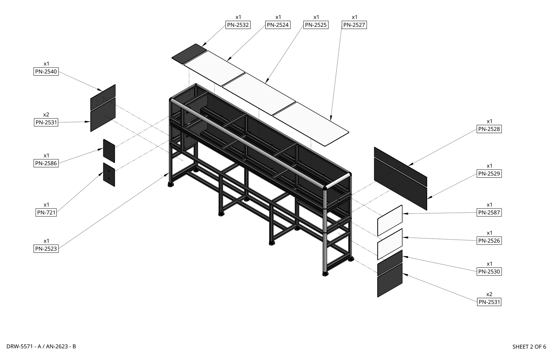 Isometric CAD rendering of a long metal shelving rack with multiple compartments and support legs rothgreaves coil winder parts