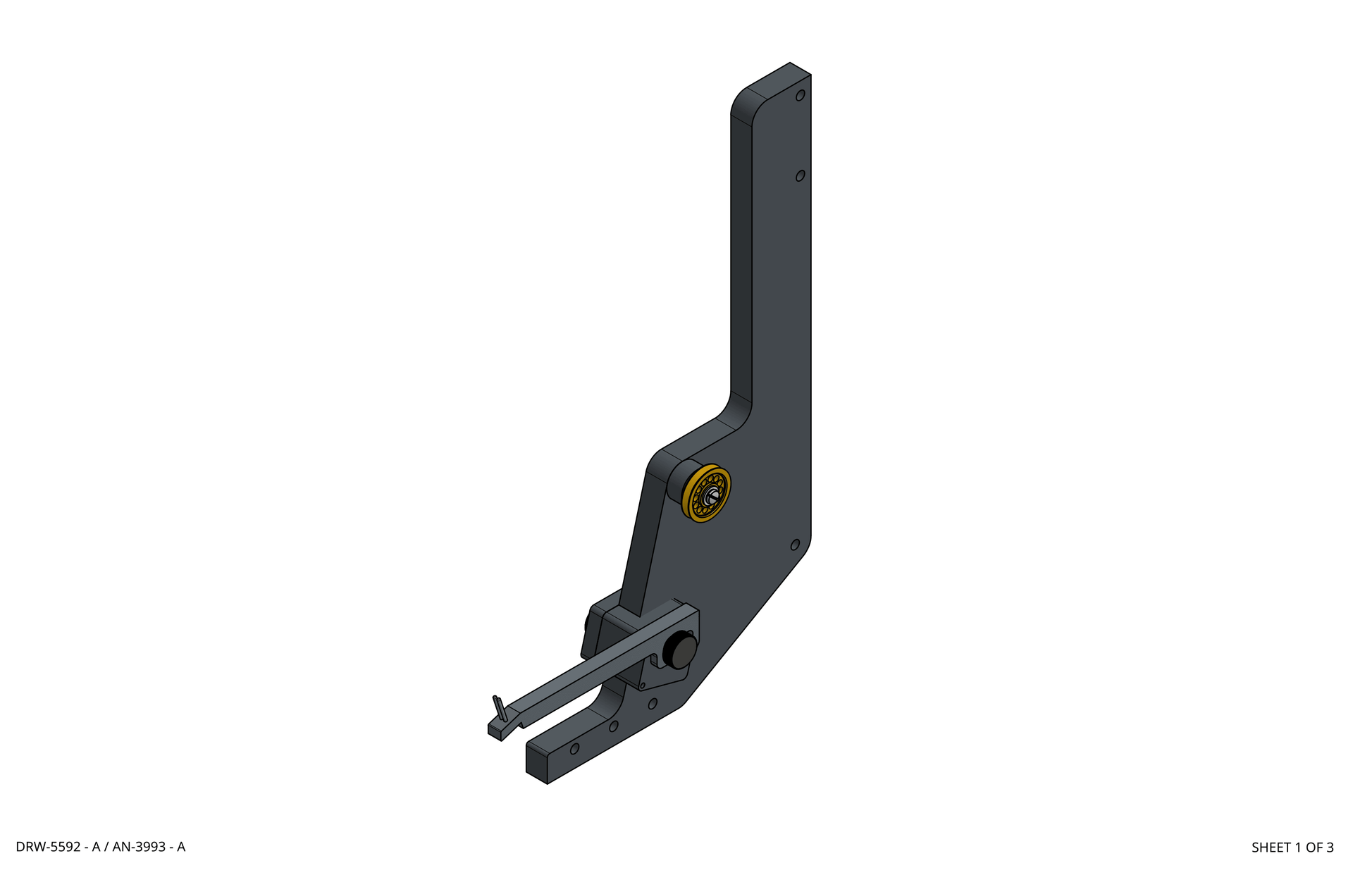 Dark gray 3D CAD model of a mechanical bracket with two protruding pins and a circular hole rothgreaves coil winder parts
