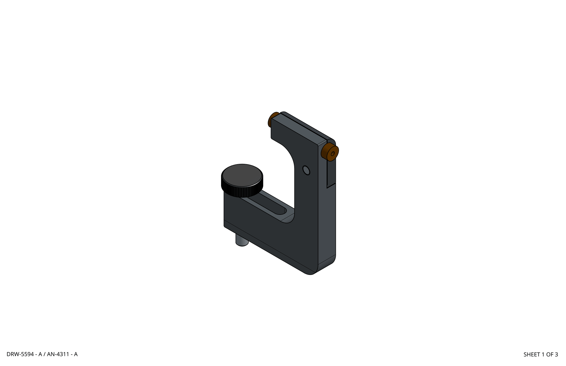 3D-rendered dark gray mechanical bracket with a round knob on a white background rothgreaves coil winder parts