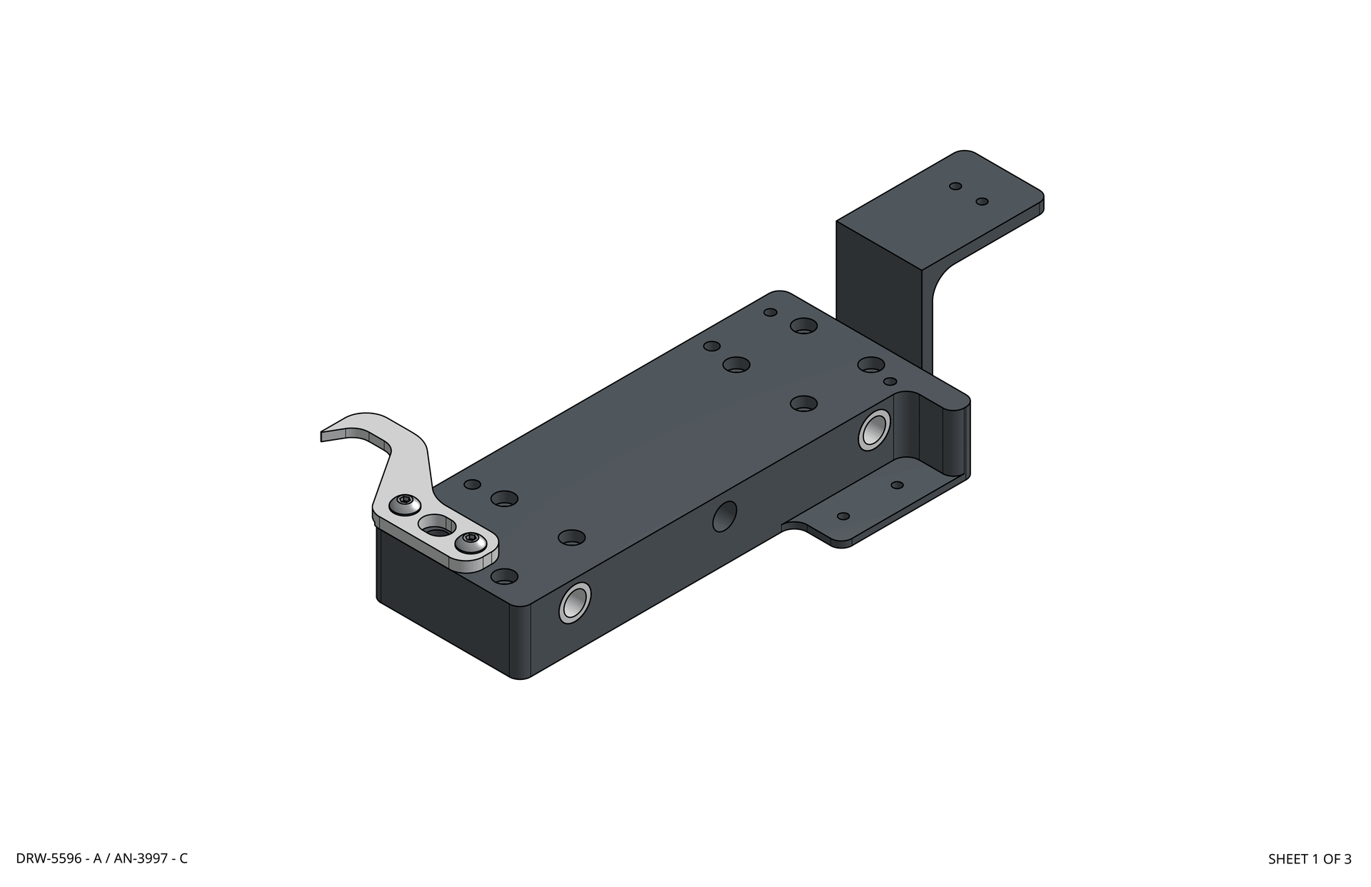 Black metal mounting bracket with holes, silver latch, and raised side tab on a white background rothgreaves coil winder parts