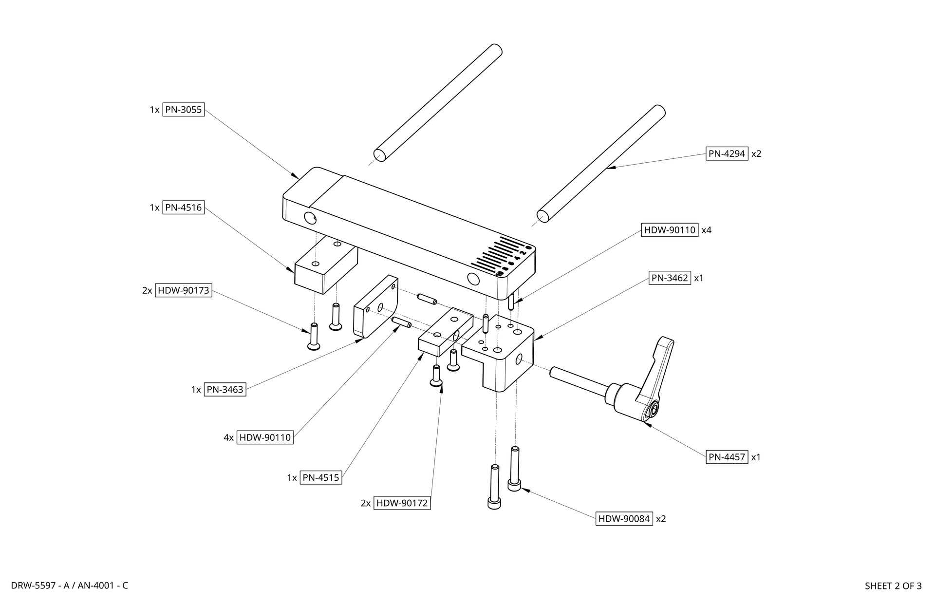Black mechanical clamp with two silver rods and a side handle on a white background rothgreaves coil winder parts