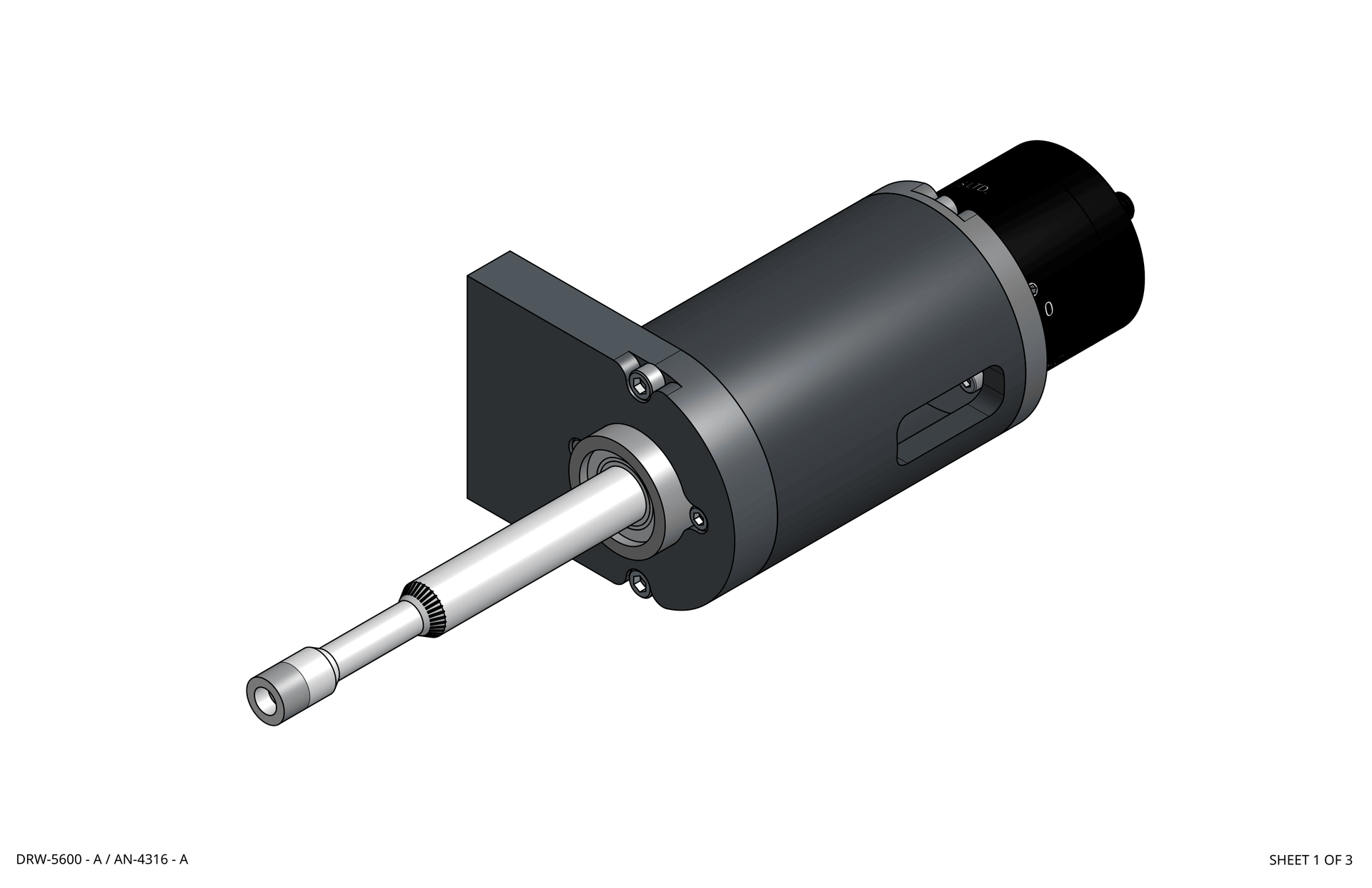 3D rendering of a gray and black motor or actuator with a metal shaft on a white background rothgreaves coil winder parts