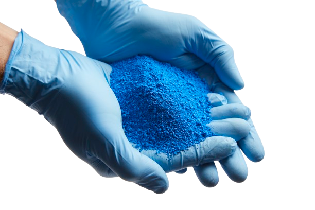 Blue-gloved hands holding a pile of bright blue powder