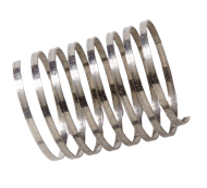 Metallic helical compression spring on a white background