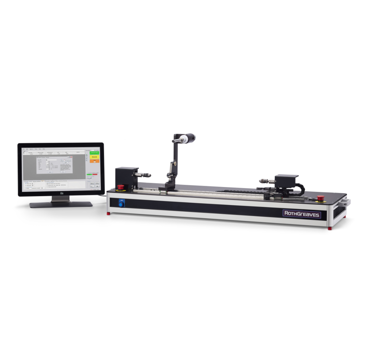 Desktop lab testing machine with monitor, camera arm, and linear track on a white background