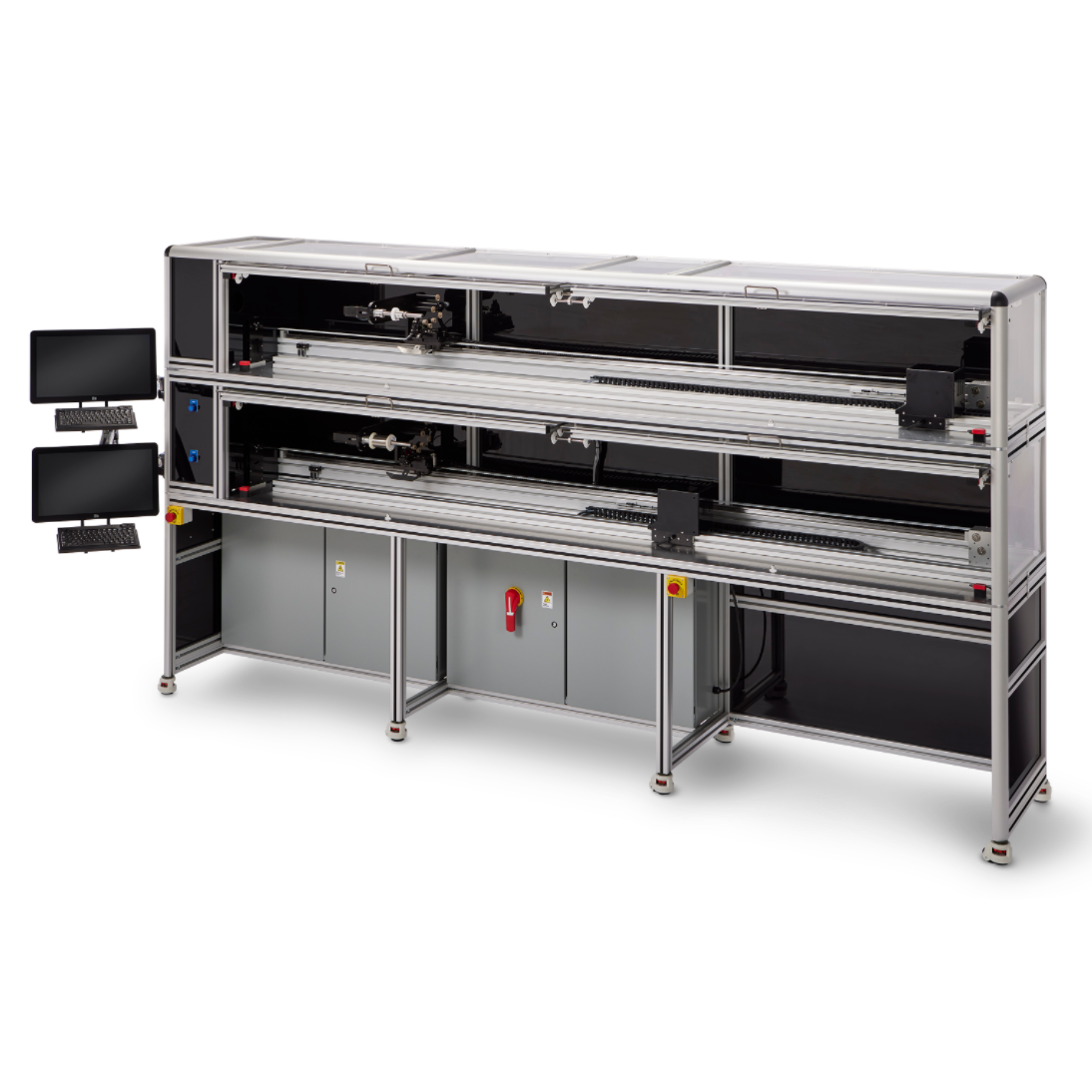 Industrial machine with two screens on the left and a long open compartmented housing.