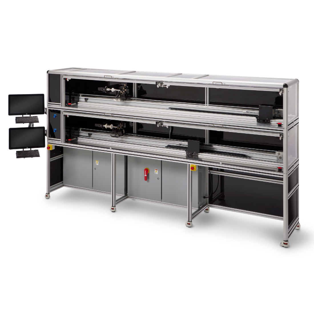 Industrial automated machine with conveyor tracks, metal enclosure, and two small monitors on the left
