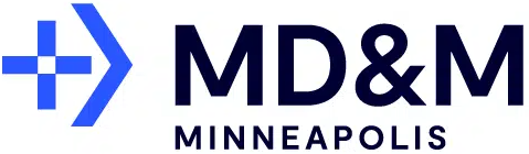 MD&M Minneapolis logo in blue with a stylized plus sign on white background