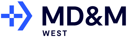 MD&M West logo in blue and navy with a plus-sign icon on a white background