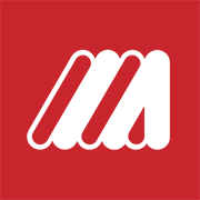 White stylized “M” logo on a red square background