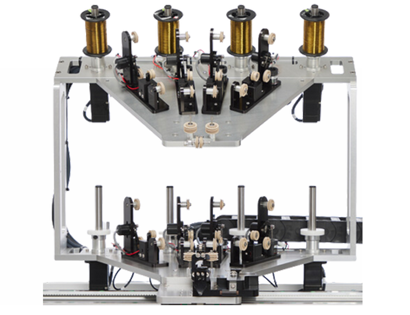 Industrial machine with four gold cylinders on a metal frame, shown from front and side views
