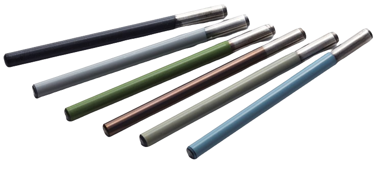 Five colored metal batons or rods arranged diagonally on a white background