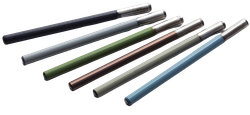 Five colored metal batons or rods arranged diagonally on a white background