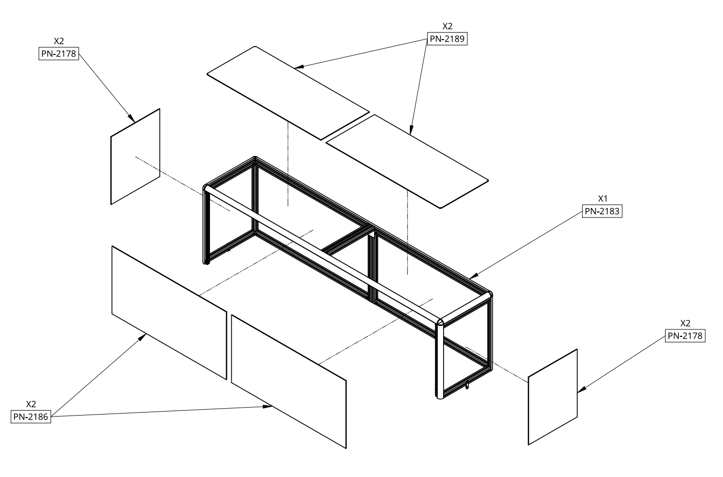 Exploded isometric technical drawing of a rectangular metal frame with separate wall panels and roof pieces