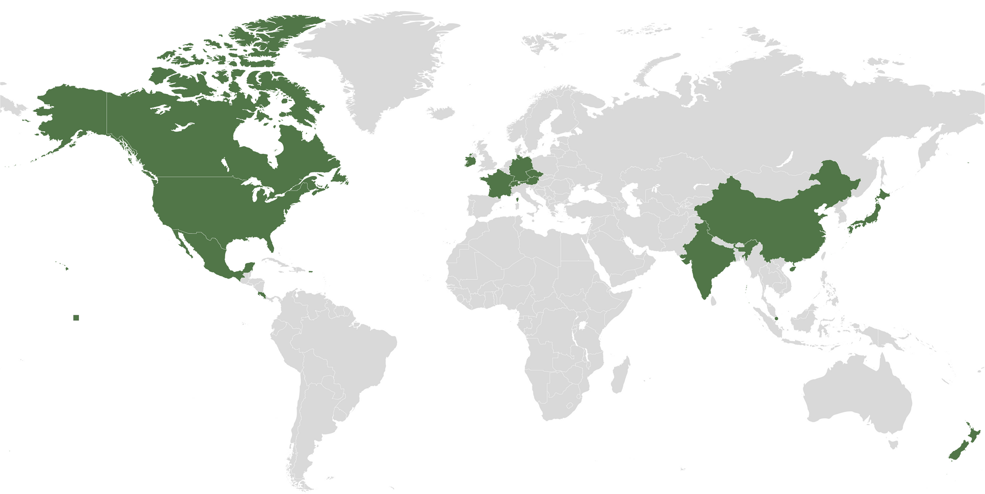 World map with dark green regions highlighting North America, Europe, and Asia.