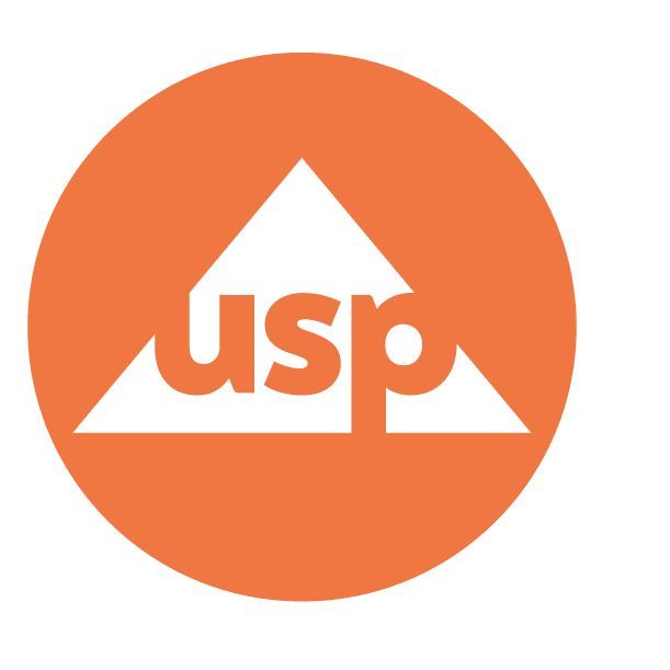 Orange circle logo with white triangle and “usp” text