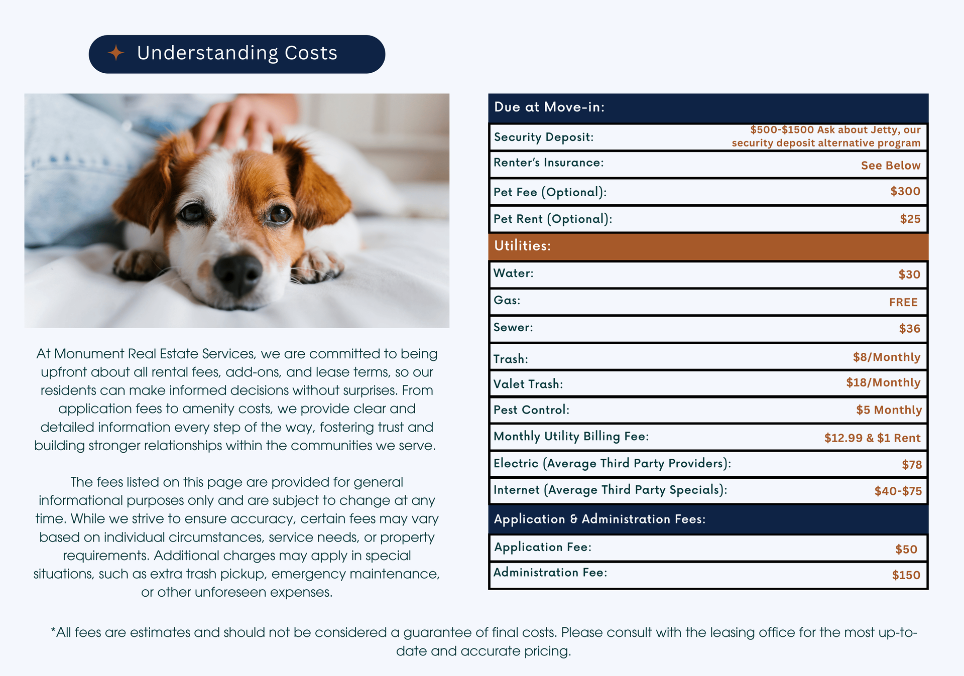 Dog with human hand petting it; costs breakdown table.
