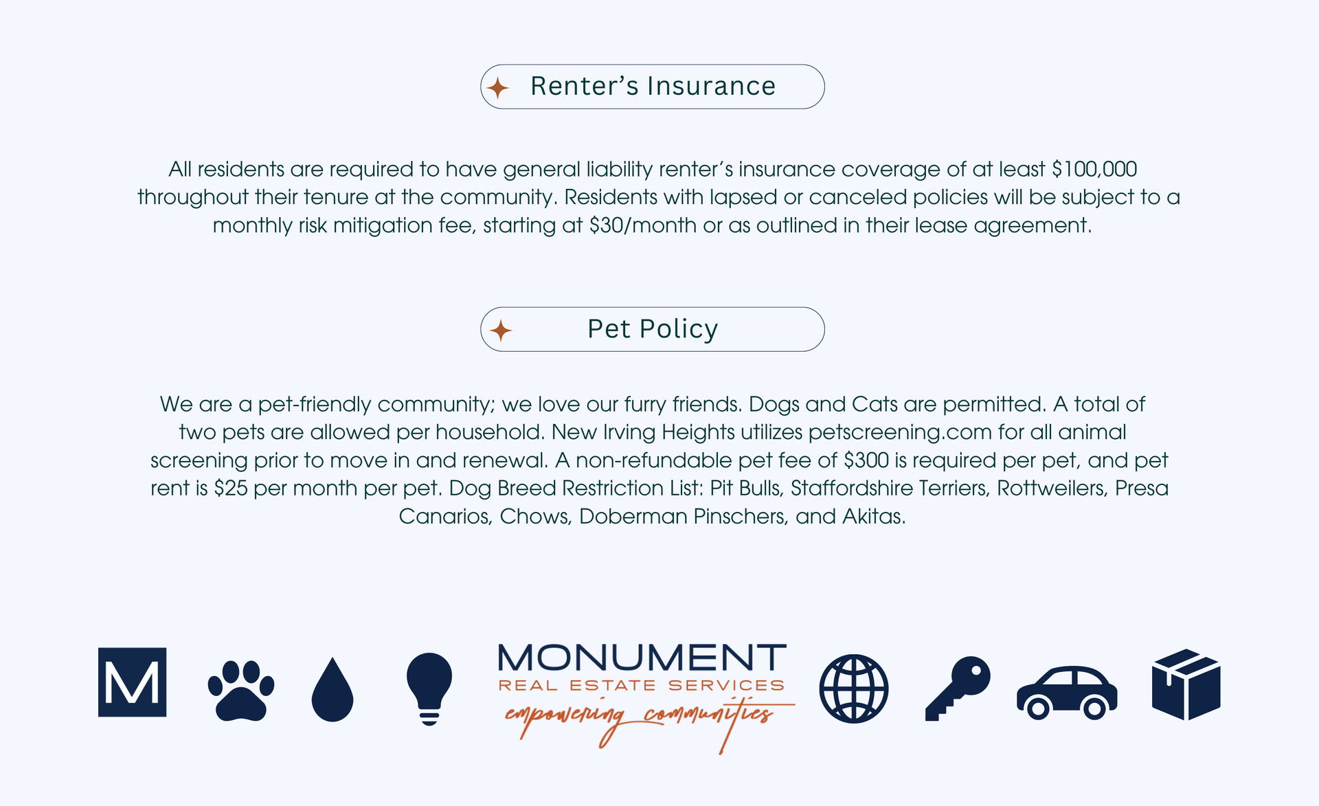 Text about renter's insurance and pet policy from Monument Real Estate Services. Includes icons and logo.