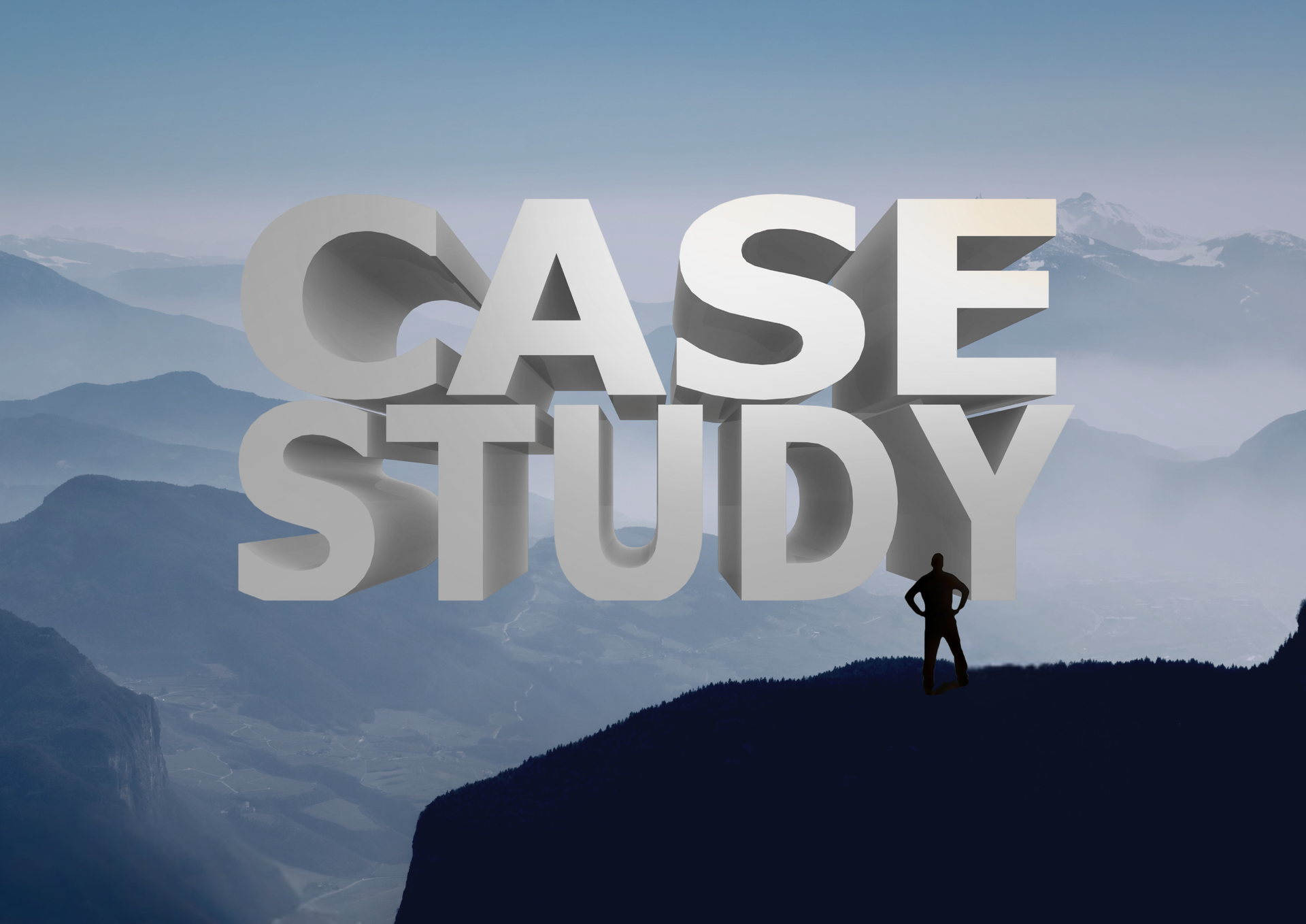 Large 3D “CASE STUDY” text above a silhouetted person on a mountain ridge at sunrise