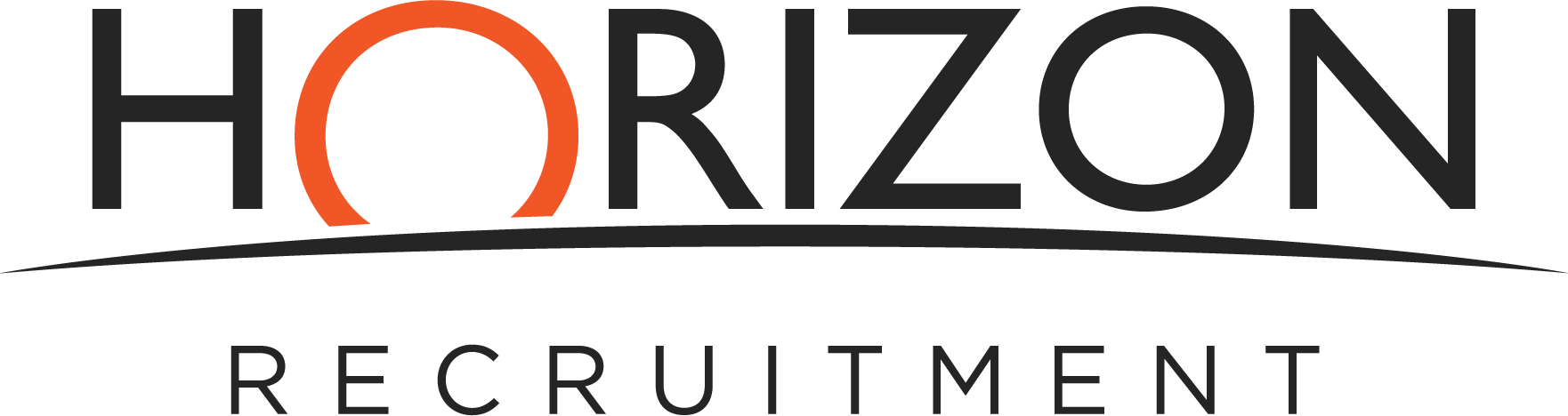 Horizon Recruitment logo with black and orange text and curved underline on a white background