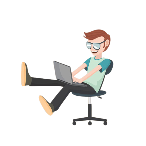 Man in glasses using a laptop while reclining in a chair with one leg crossed over the other