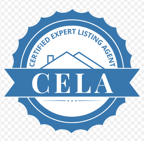 Blue Certified Expert Listing Agent (CELA) logo with a house silhouette and ribbon.